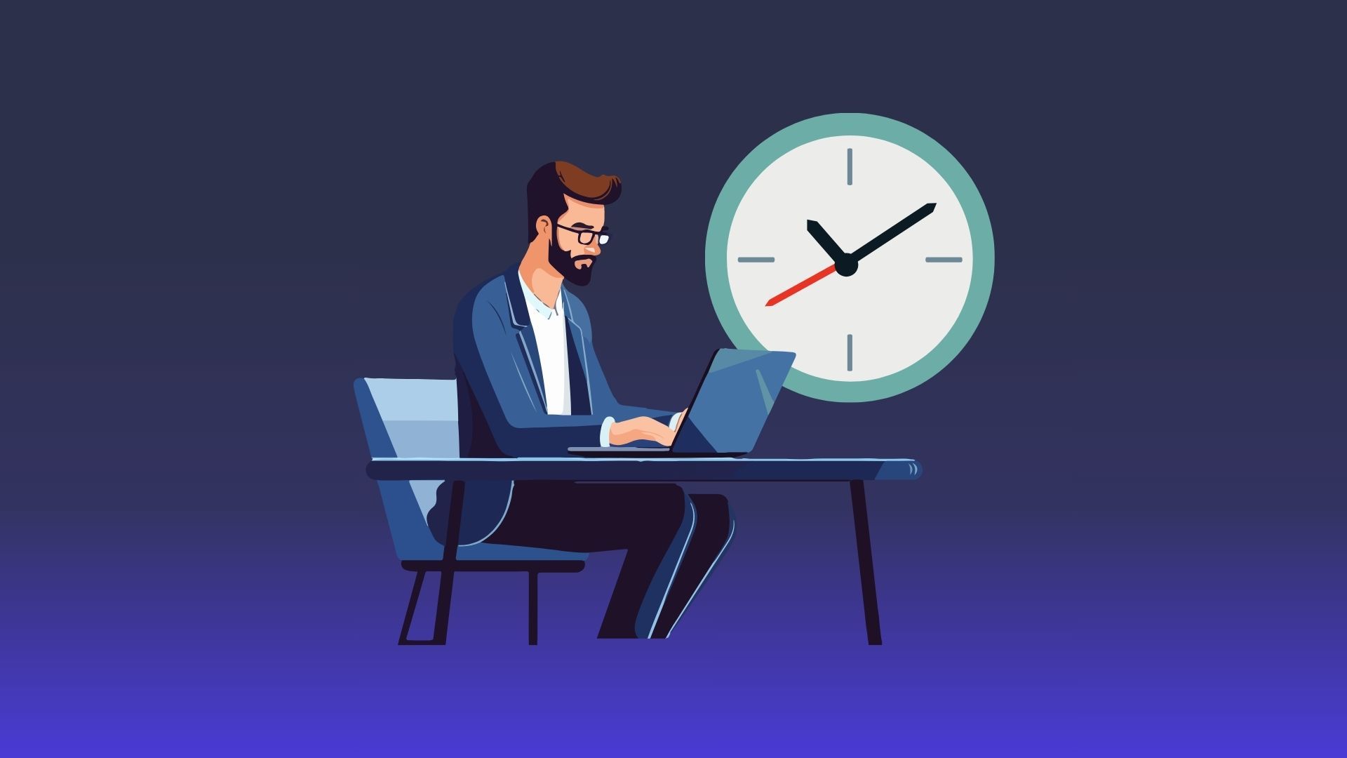 Man with glasses working on a laptop at a desk with a large clock in the background.