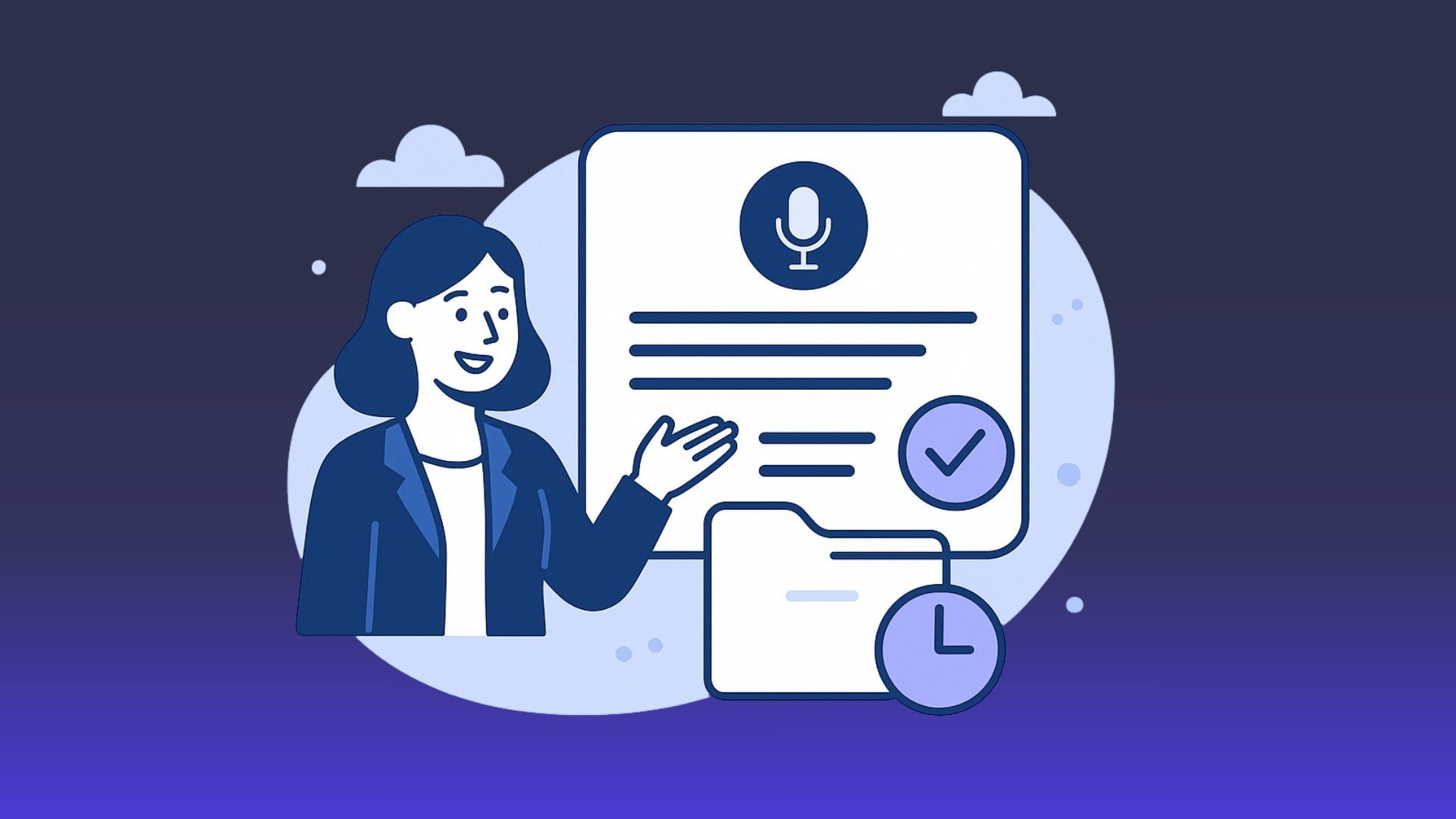 Illustration: woman presenting a document with microphone and checkmark icons.