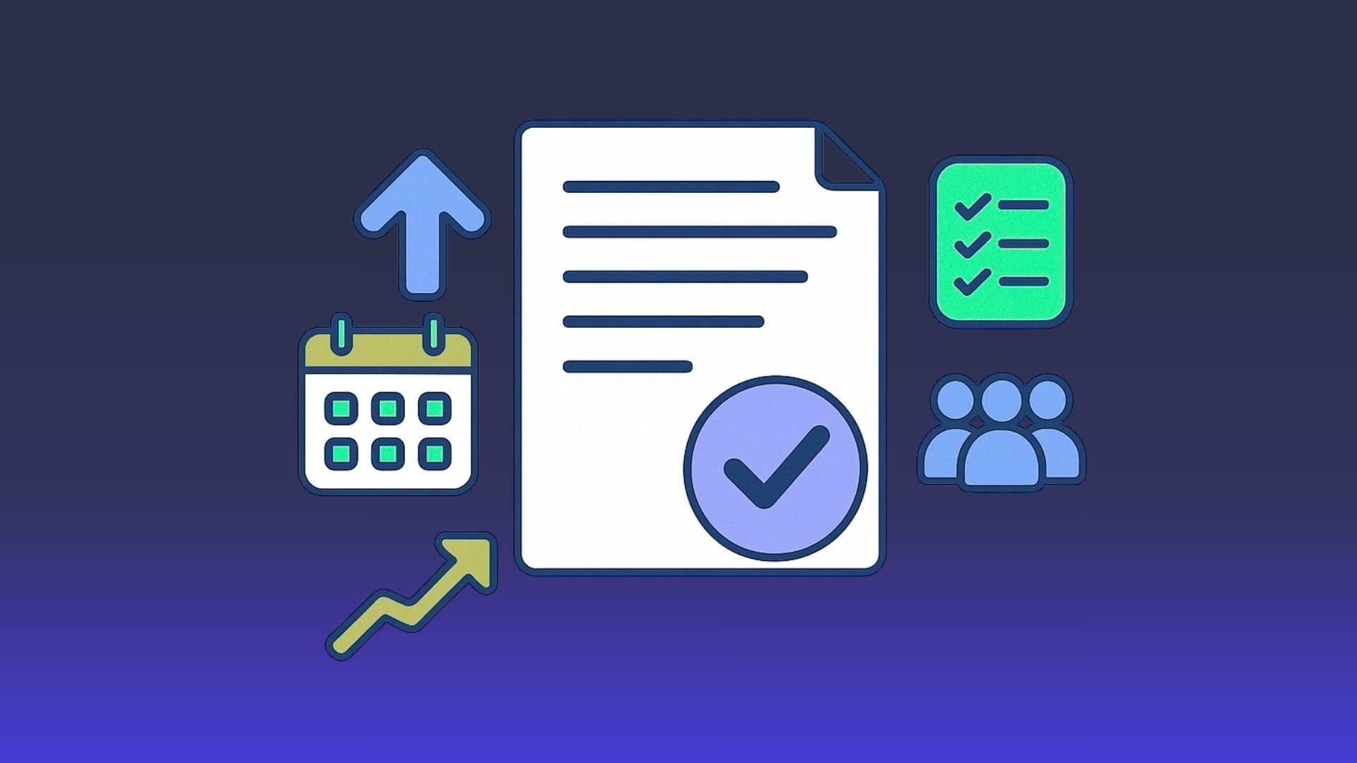 Document with checkmark surrounded by icons representing growth, scheduling, tasks, and collaboration.