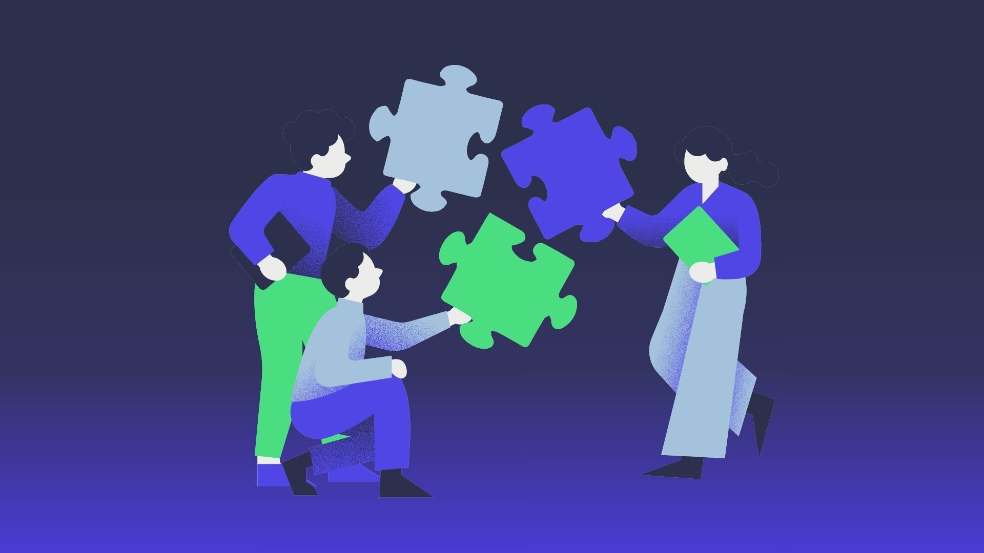 Three stylized figures collaborate to assemble puzzle pieces, symbolizing teamwork and problem-solving.