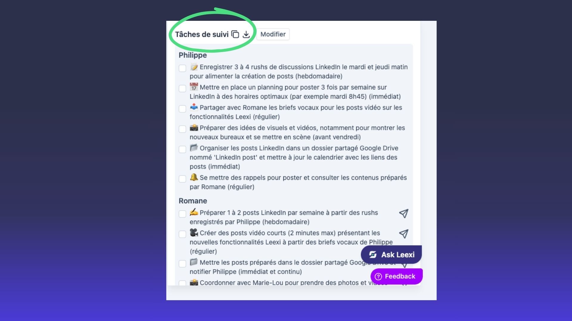 Screenshot of French LinkedIn tips and follow-up tasks highlighted in a white box.