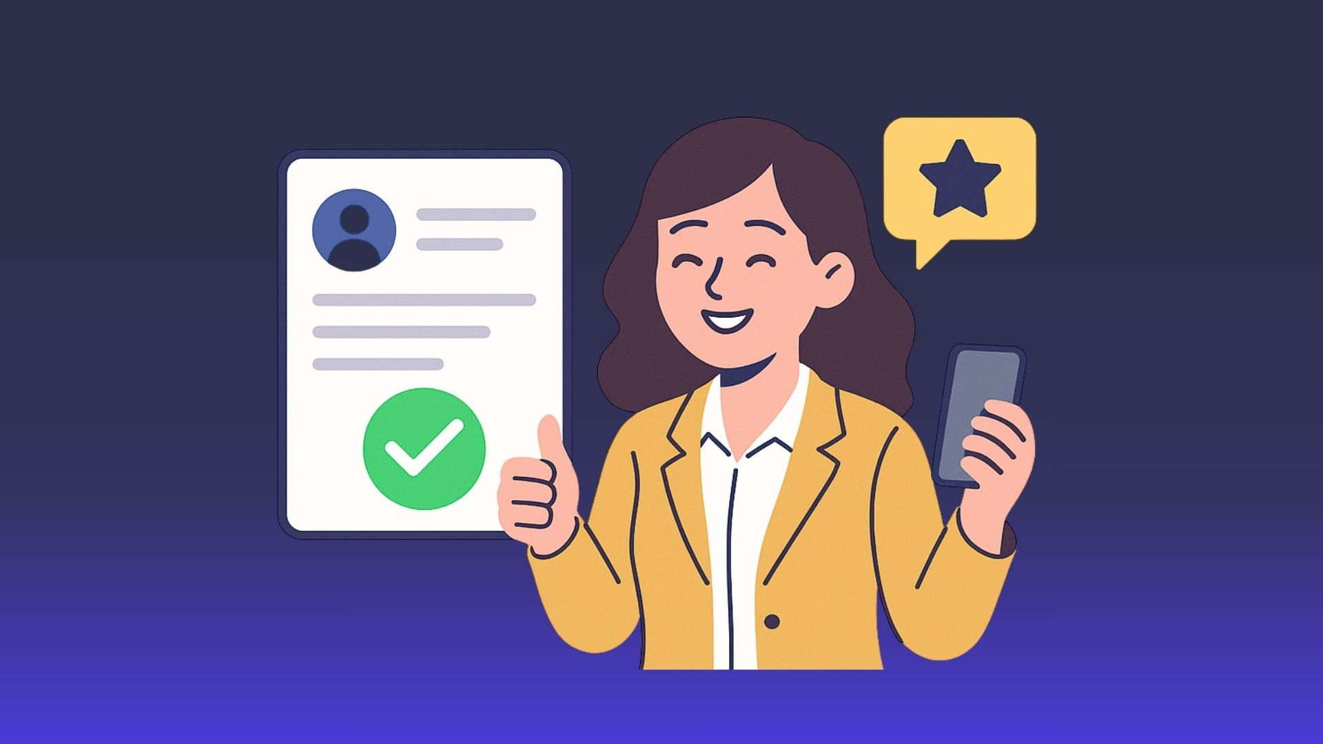 Smiling woman gives thumbs-up, showing positive feedback on a document and phone.