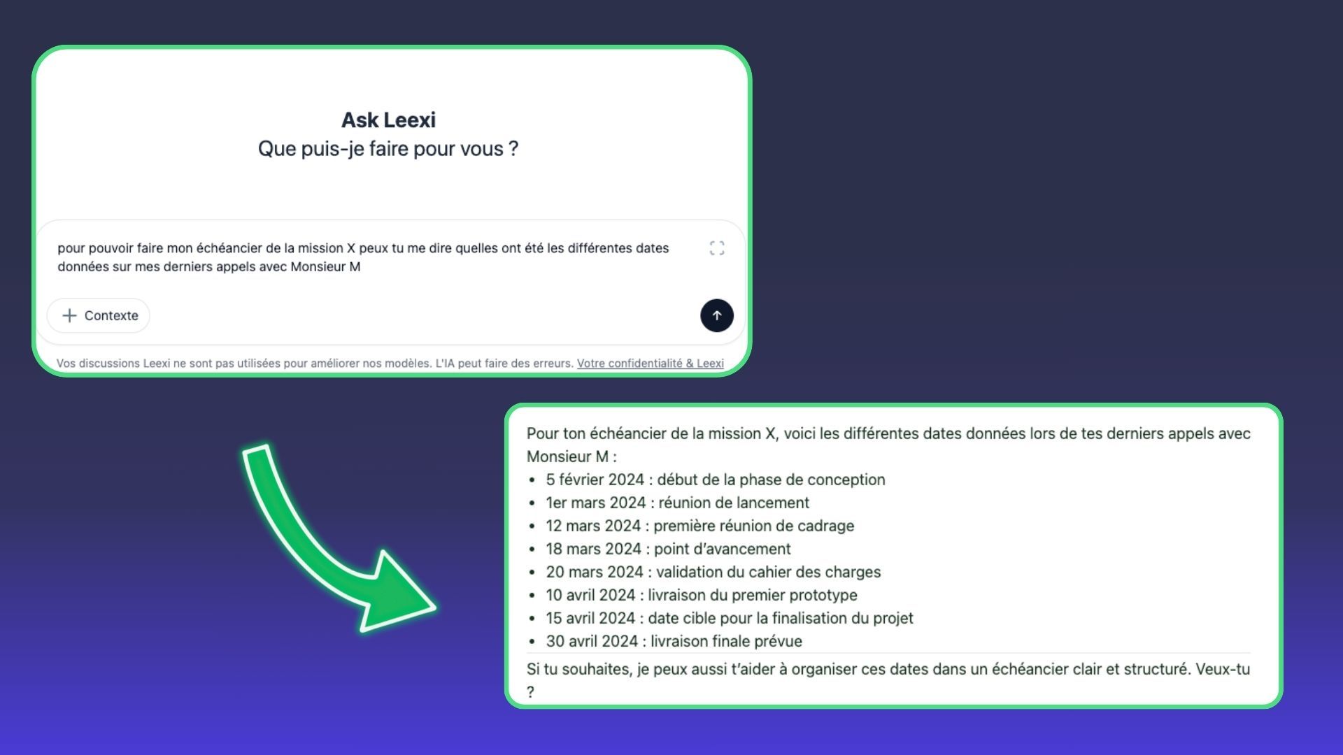A screenshot displays a French AI chat interface "Ask Lexi" and a list of project deadlines.