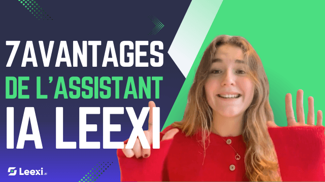 A young woman smiles and gestures with seven fingers, presenting '7 Avantages de l'Assistant IA Leexi' in this French promotional image. Woman points to French text '7 Avantages de l'Assistant IA Leexi', showing seven fingers.
