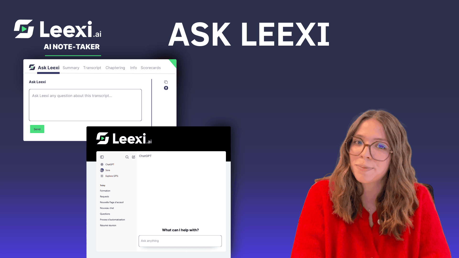 Leexi.ai introduces its "ASK LEEXI" AI assistant, demonstrating its intuitive interface for smart note-taking and interaction. Leexi.ai branding with "ASK LEEXI" text, showing the AI assistant interface and a woman.