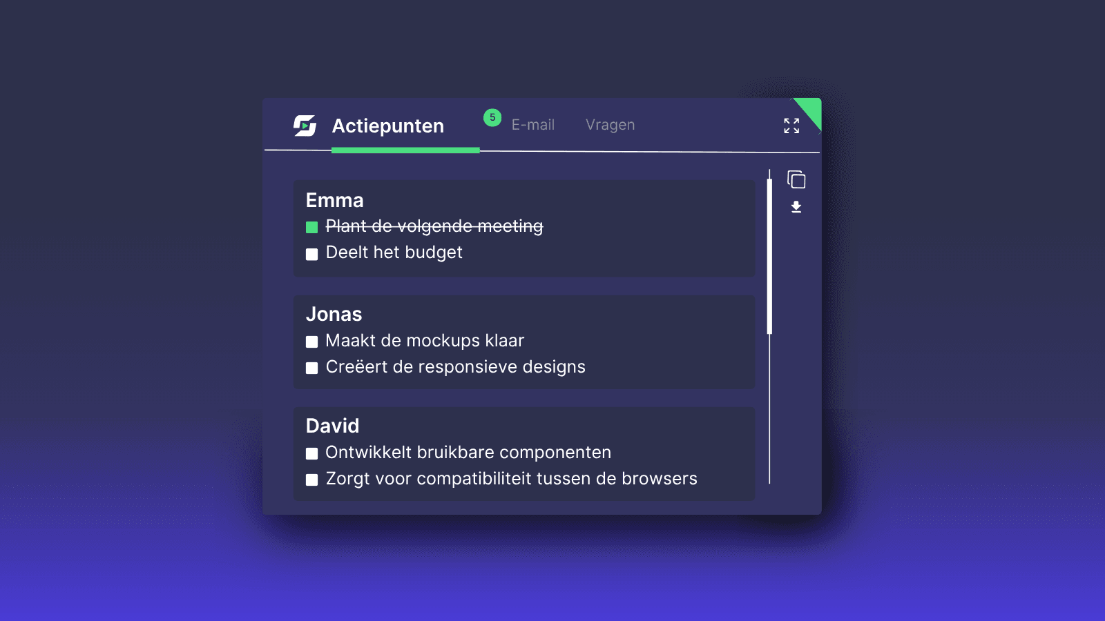 A dark mode project management interface displays delegated tasks for Emma, Jonas, and David, enhancing team collaboration and clarity. Dark mode task management interface showing action points assigned to Emma, Jonas, and David.