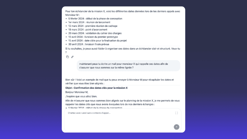 Ask Leexi mostra dettagli e decisioni di una riunione da appunti e trascrizioni