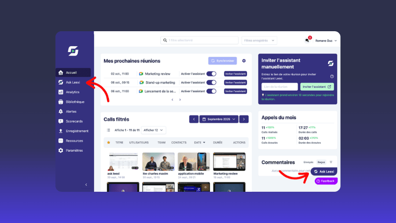 Posizione di Ask Leexi nell’interfaccia Leexi per accedere all’assistente IA