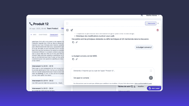 Interfaccia Ask Leexi che risponde a una domanda analizzando le informazioni disponibili nello spazio di lavoro