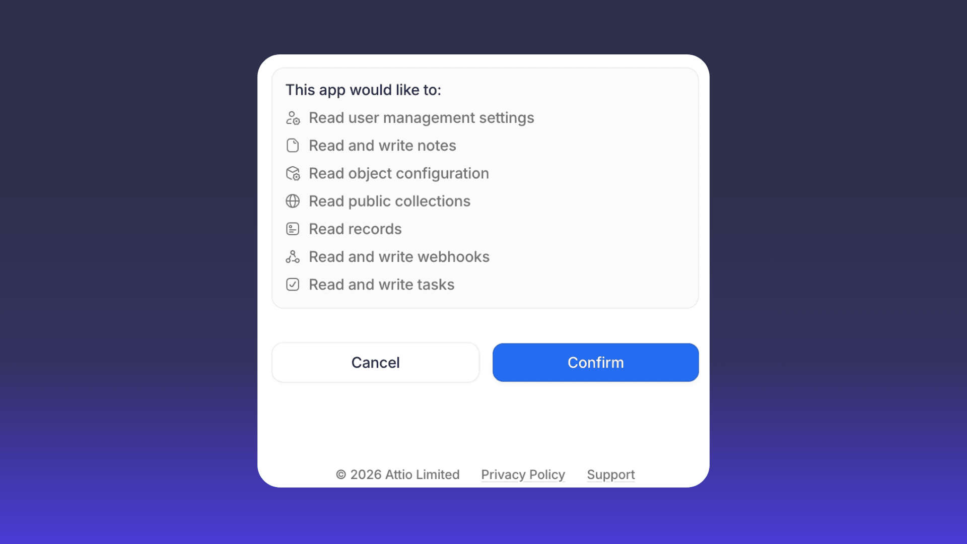 Dialogo permessi app che mostra diritti richiesti come 'Leggi e scrivi note' con pulsante 'Conferma'.