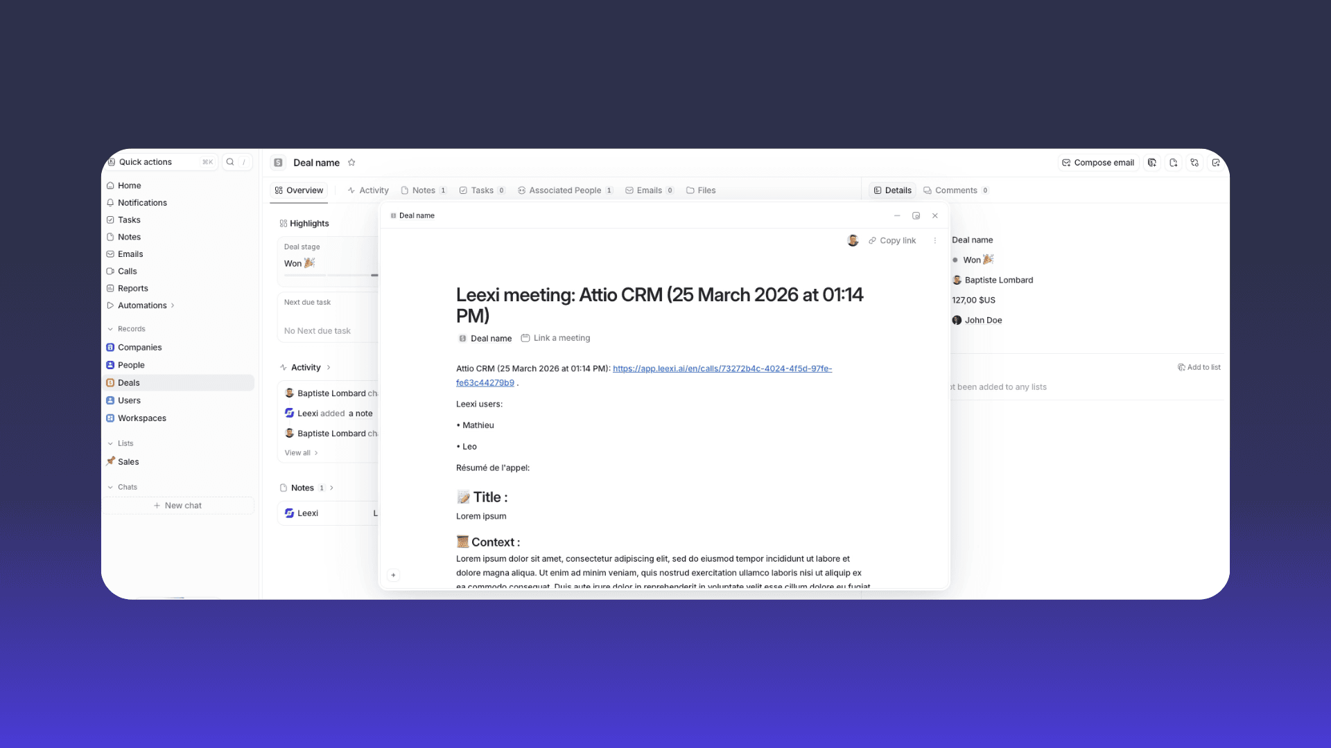 Applicazione digitale per prendere appunti che mostra agenda riunione con partecipanti e punti d'azione.