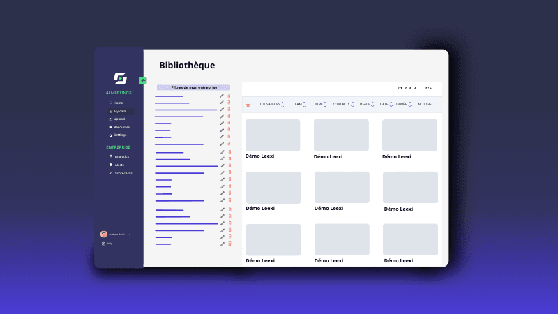 A dashboard interface displaying "Bibliothèque" with a sidebar menu and empty content cards.