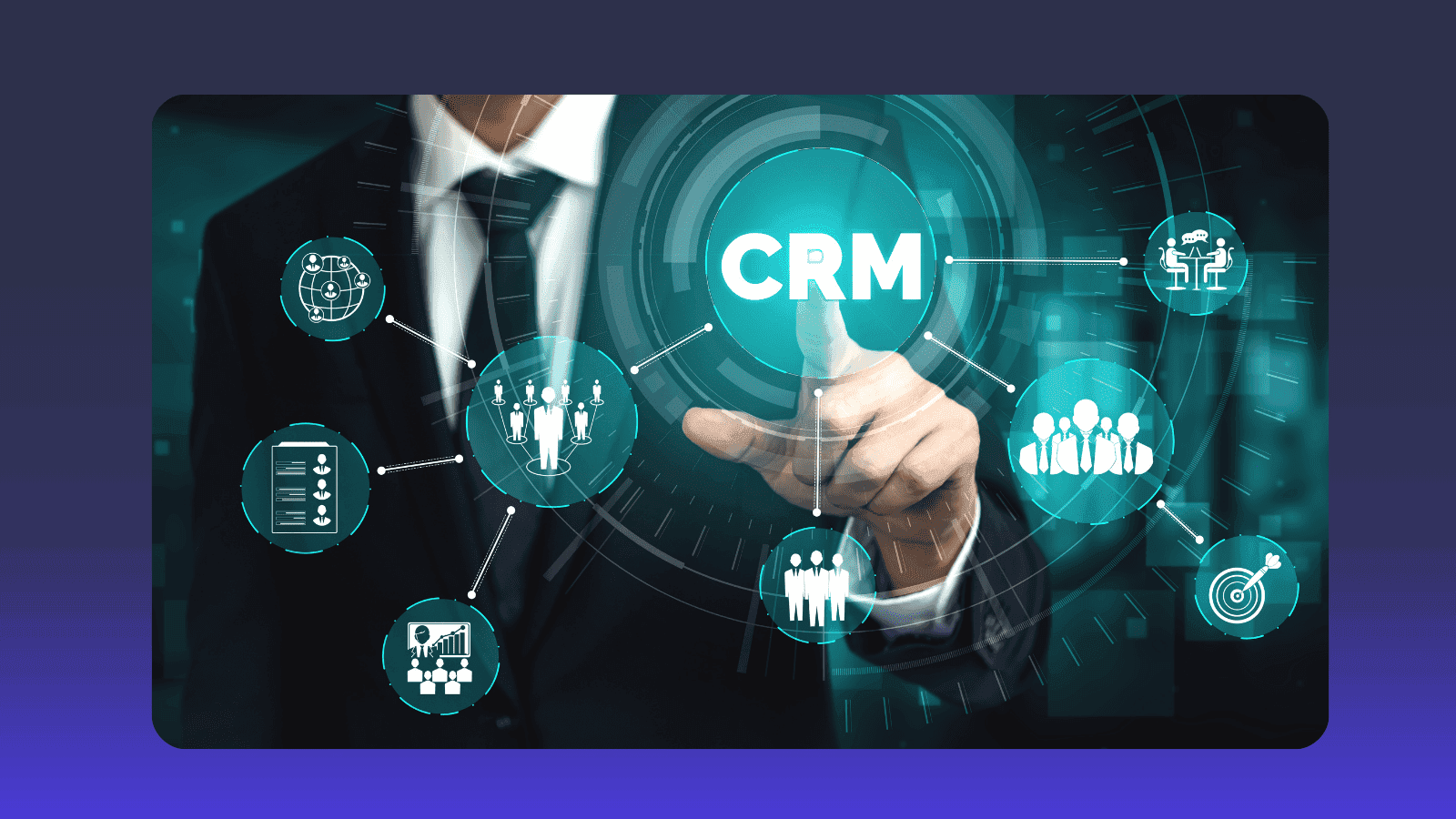 Businessman interacting with a digital CRM interface, showcasing customer relationship management technology.