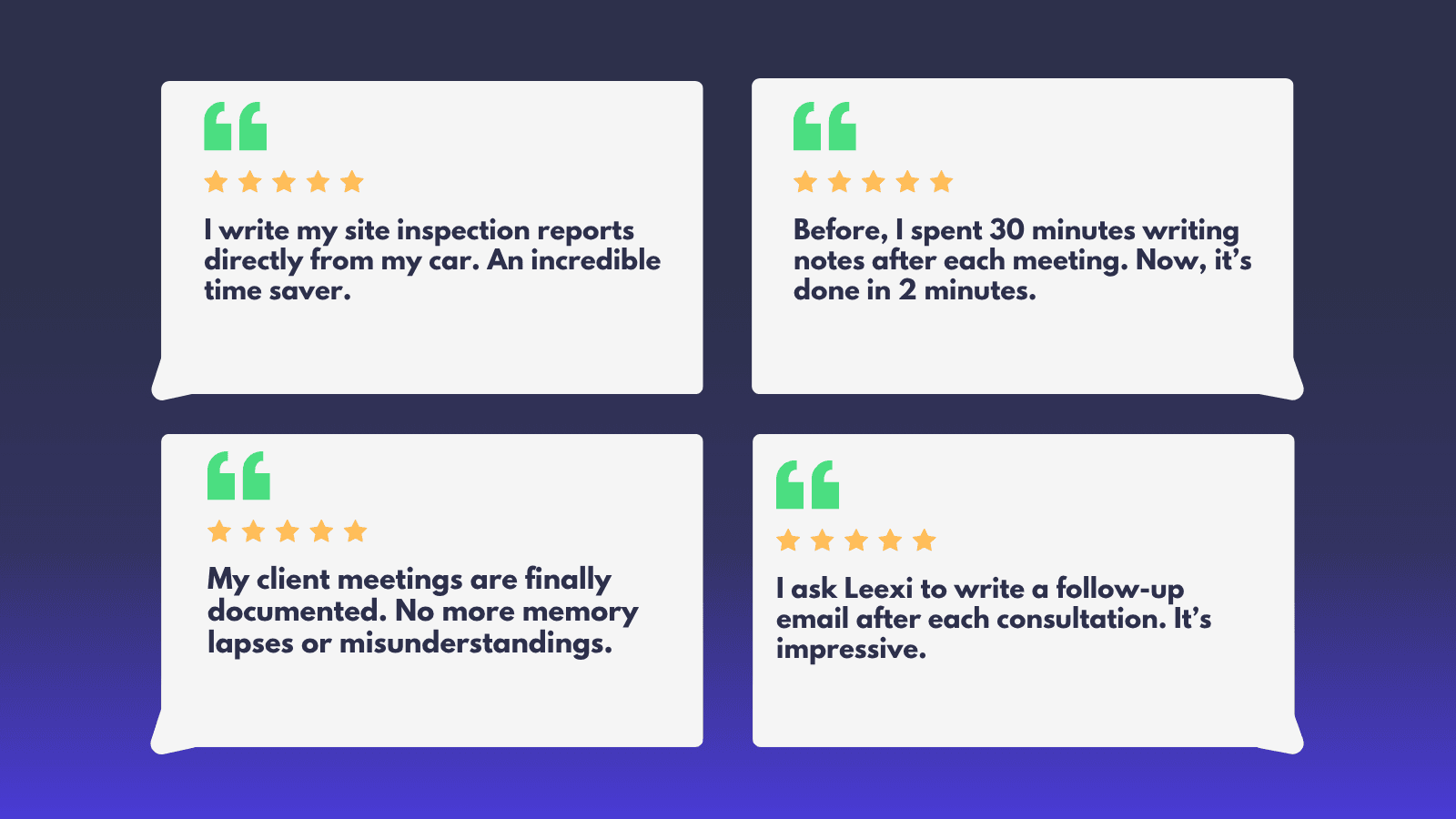 These testimonials highlight how the product helps users save time on reports and notes, documents meetings, and automates follow-up emails. Customer testimonials showcasing improved efficiency, significant time savings, and better documentation capabilities.