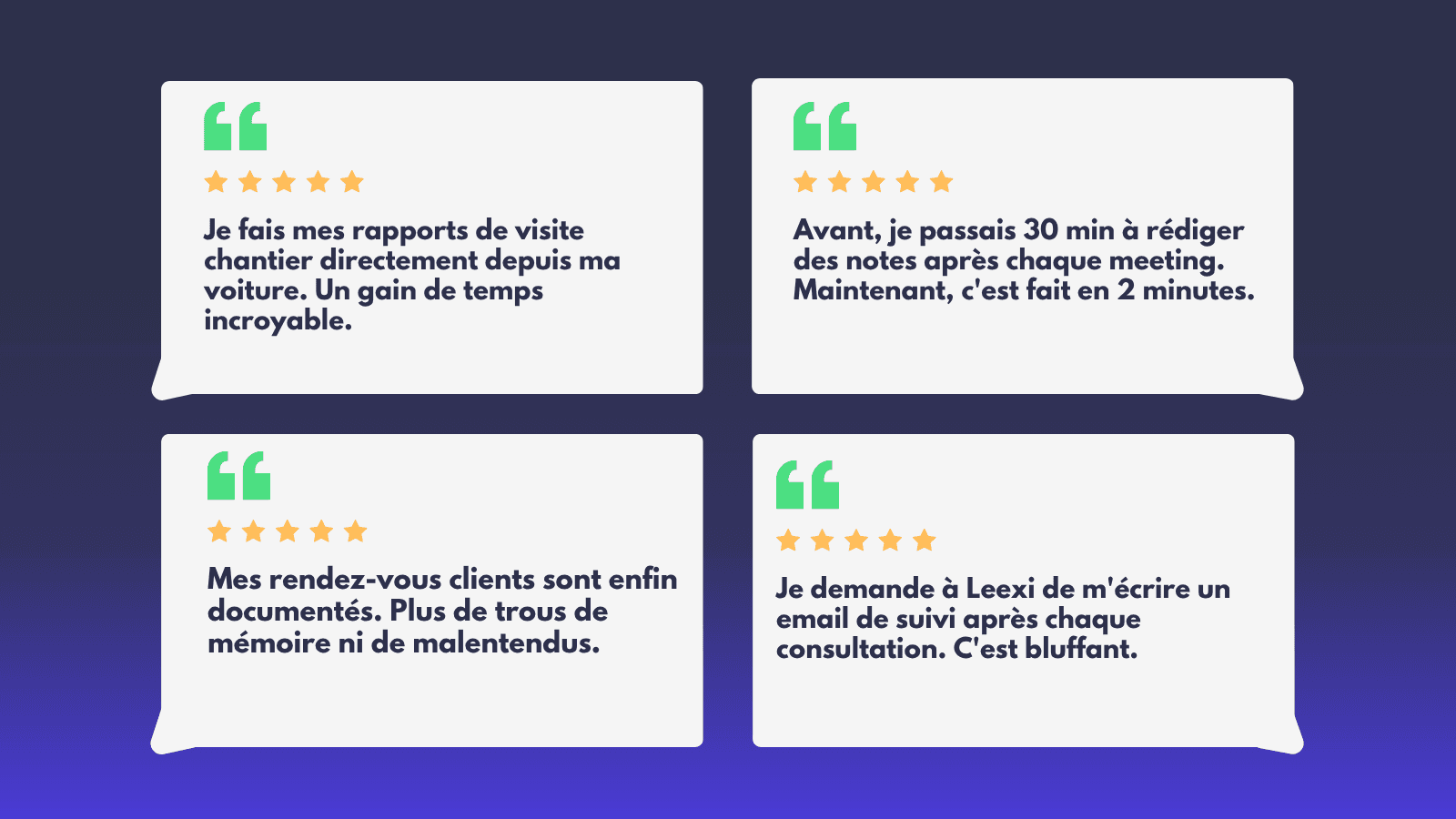Four customer testimonials in French with star ratings and green quote icons.