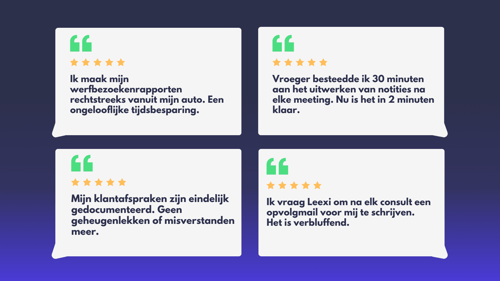 This image features four glowing 5-star customer testimonials, written in Dutch, reflecting high user satisfaction and positive experiences with the service. Four customer testimonials in Dutch, each with a 5-star rating and positive feedback.