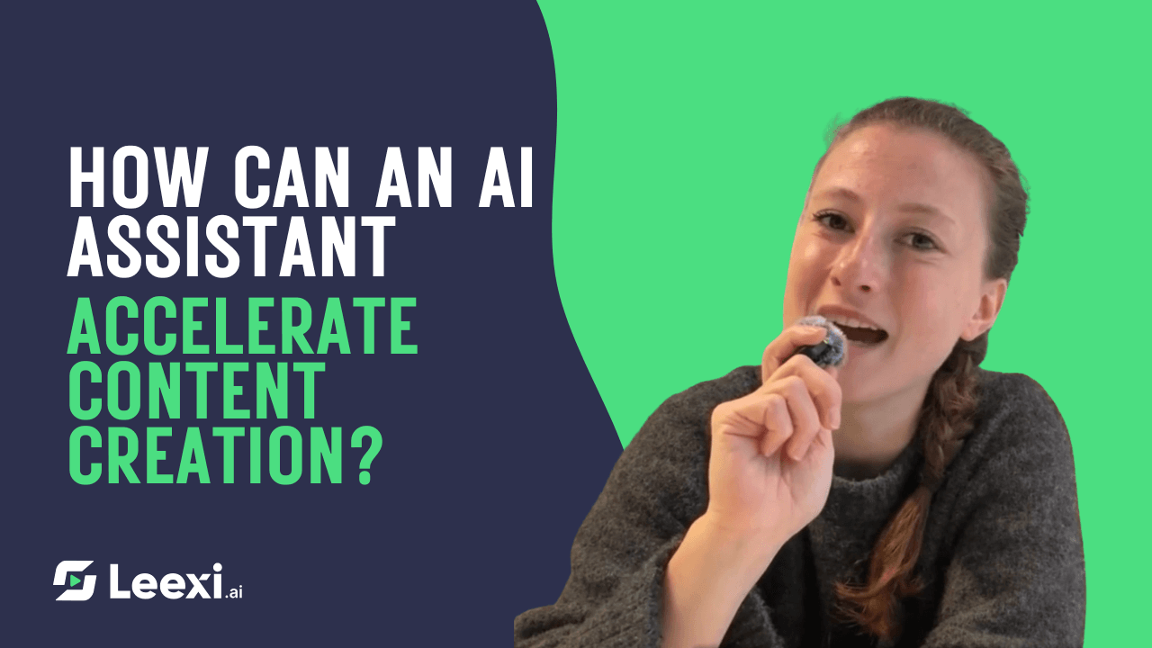 A woman discusses how AI assistants can accelerate content creation, highlighted in a Leexi presentation. Woman holding microphone with text: How can an AI assistant accelerate content creation?