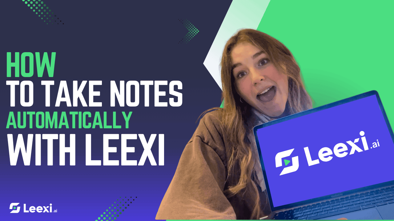 Discover how Leexi.ai can automate your note-taking, shown by a user demonstrating the software on a laptop. Woman with Leexi.ai laptop; text 'HOW TO TAKE NOTES AUTOMATICALLY WITH LEEXI'.
