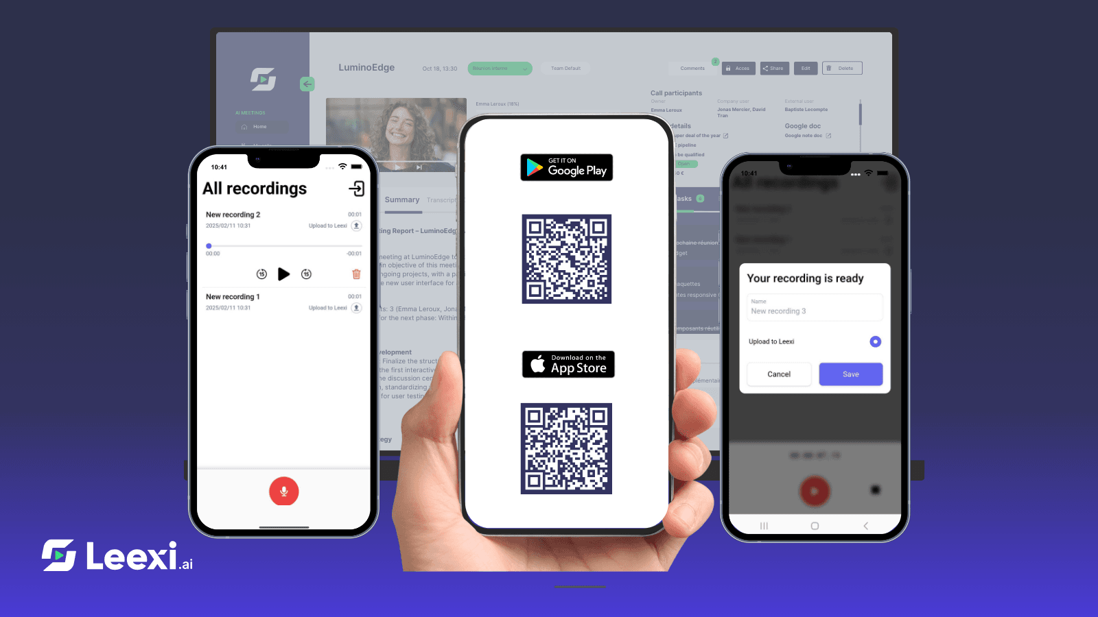 Leexi app on phones and laptop, showing recording management and QR codes.