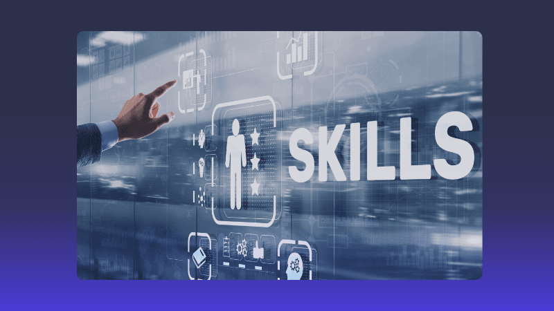 Hand touching a virtual screen with the word "SKILLS" and technology icons.