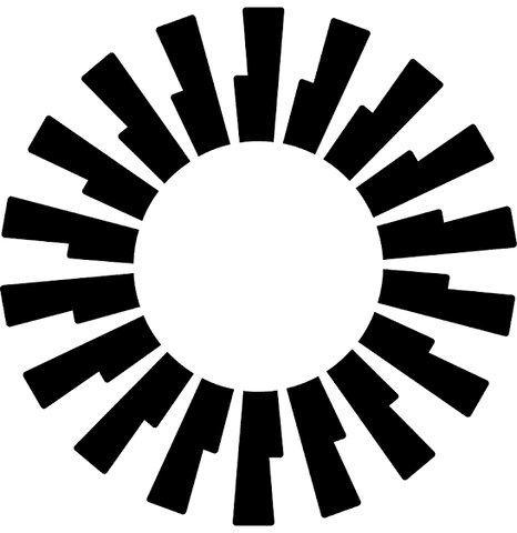 Abstract black and white circular design with irregular segments radiating from a central white core.