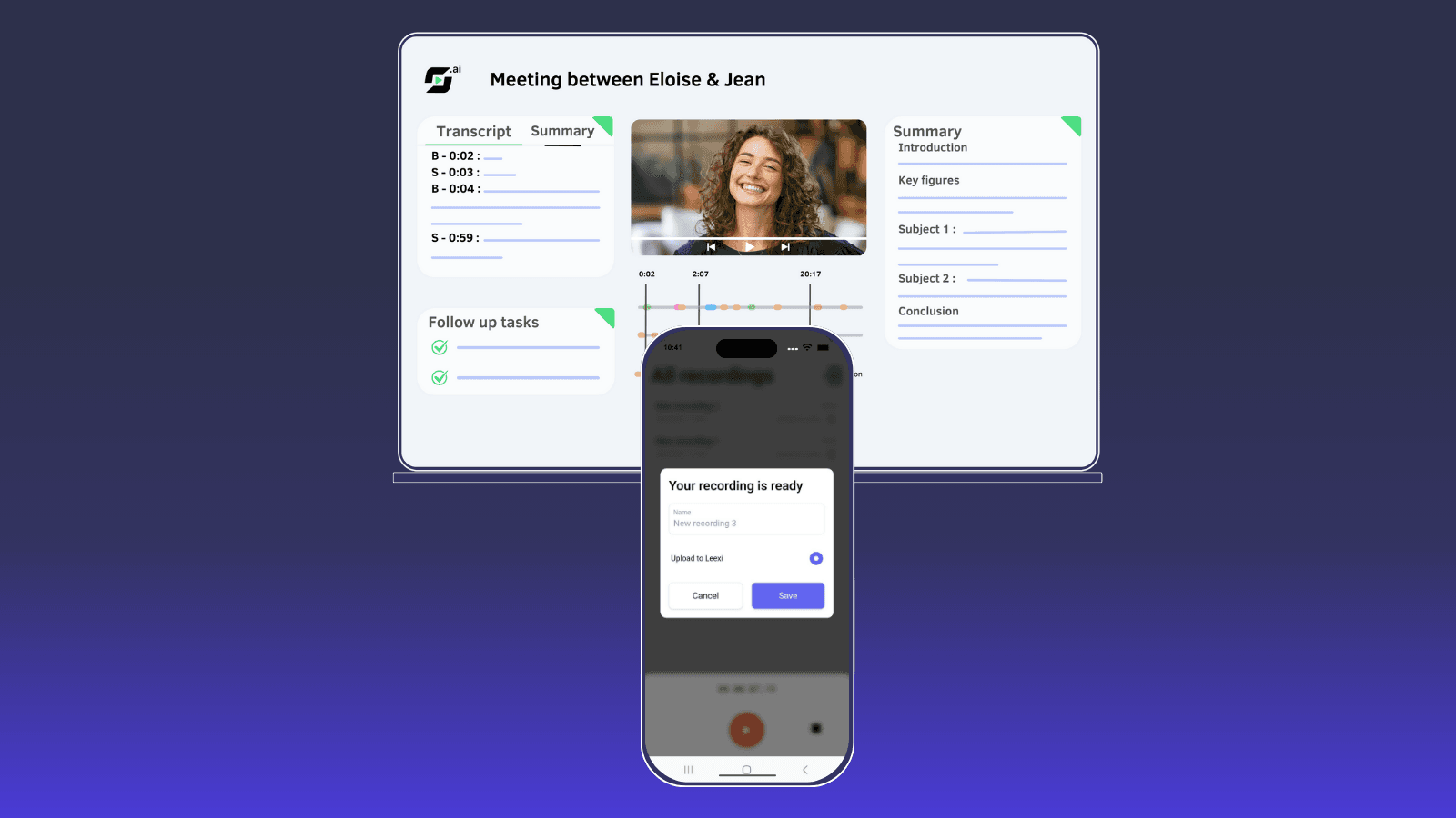 A smartphone records audio while a desktop displays a meeting transcript and summary.