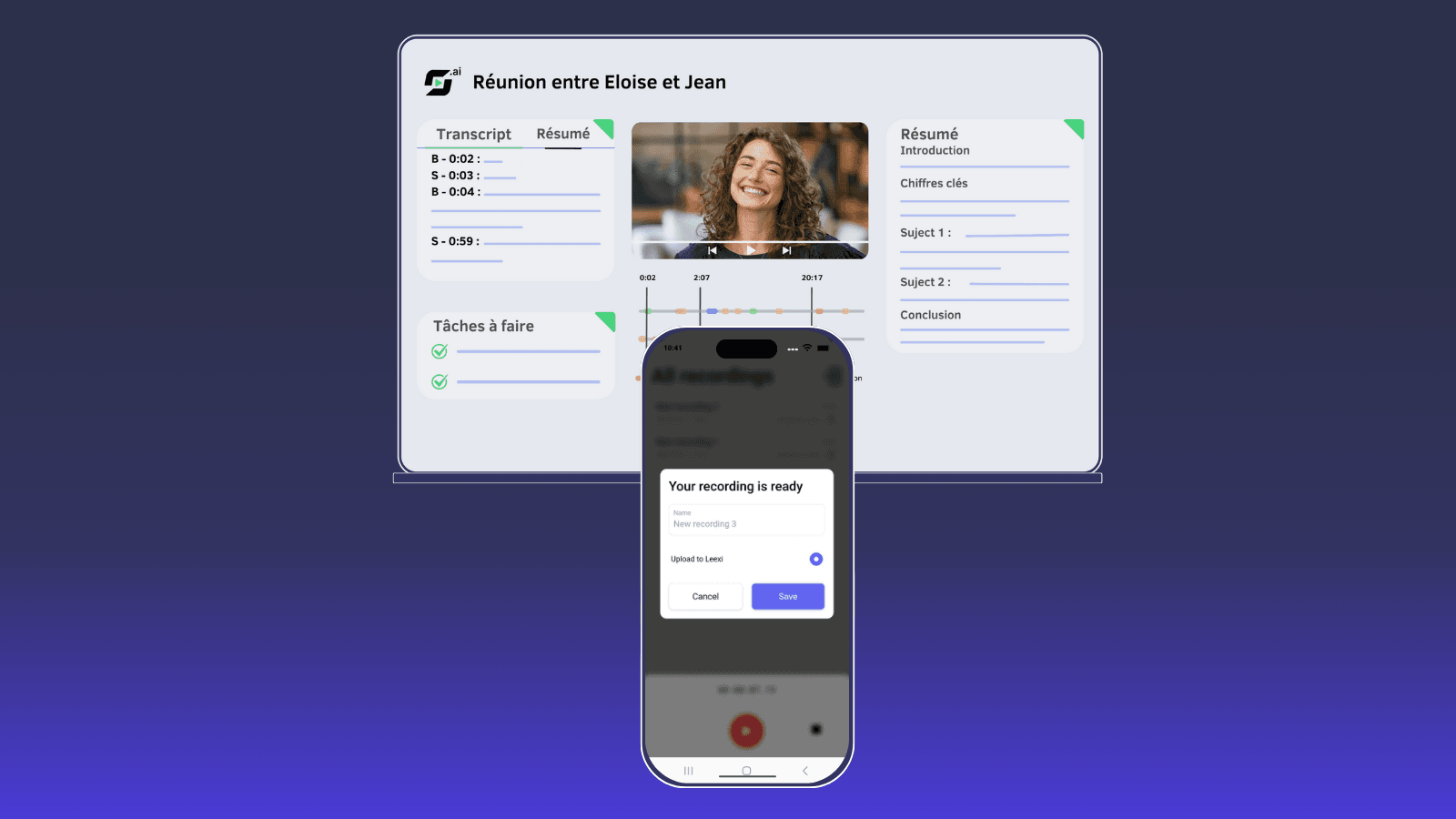 A smartphone showing 'Your recording is ready' in front of a meeting summary dashboard.