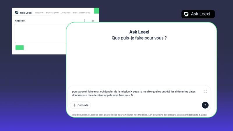 Recherche intelligente dans les réunions avec Ask Leexi Recherche d’informations dans des notes de réunion grâce à un assistant IA capable d’analyser les échanges