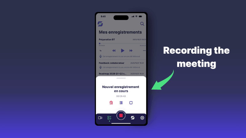 Mobile app interface shows 'Recording the meeting' with a new recording in progress.