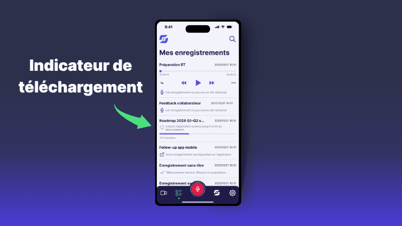 Mobile phone displaying a recording app with a clear download progress indicator highlighted.