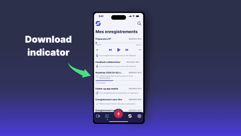 Smartphone app displaying a list of recordings, highlighting a download progress indicator.
