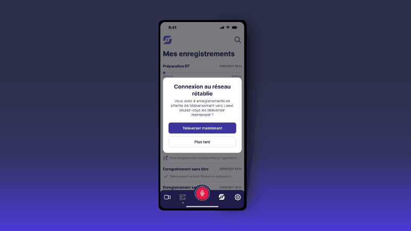 Smartphone app displaying a network connection re-established dialog with download options.