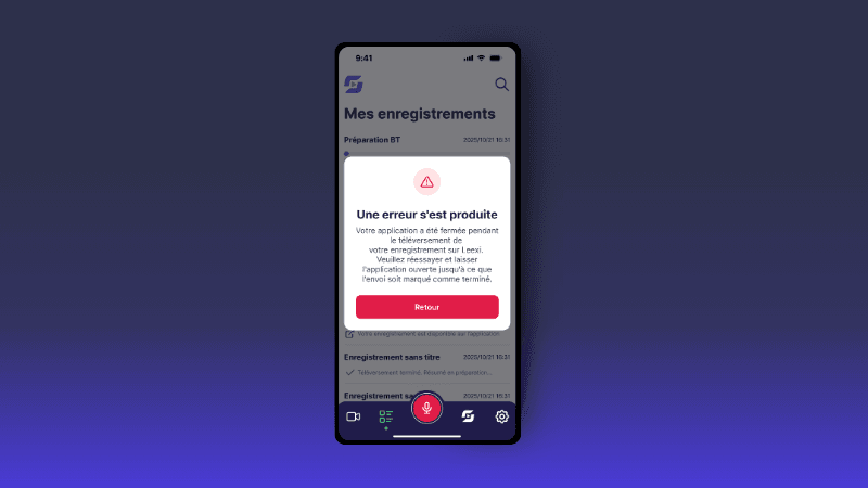 Smartphone screen showing a French application with an 'Une erreur s'est produite' pop-up.