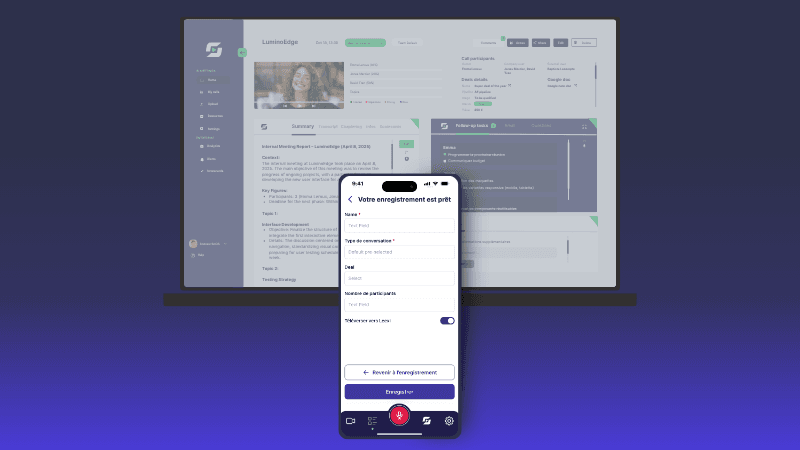 Smartphone mobile app in front of a laptop displaying a business web application.