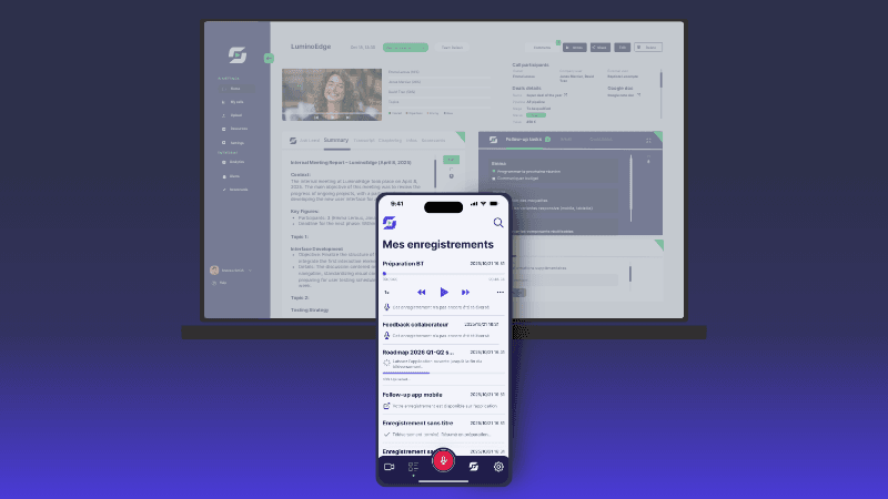 Smartphone app overlaid on a desktop web interface showing communication tools and profiles.