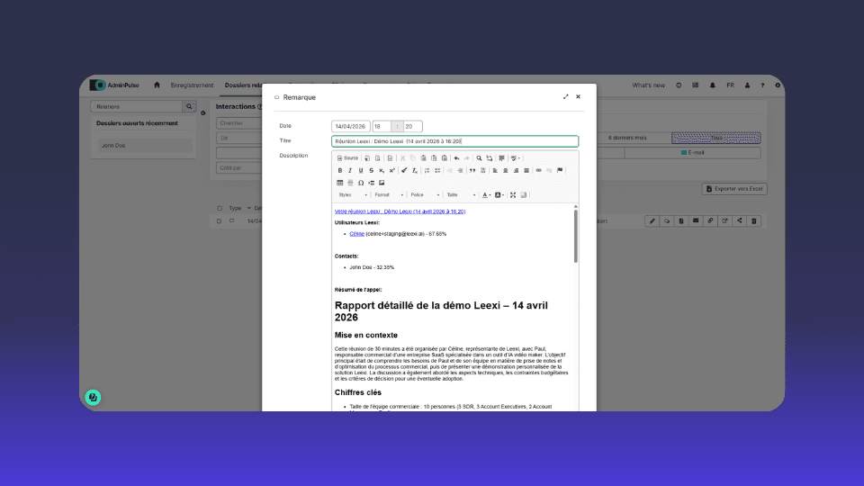 Email composition window displaying 'Test - Sujet de l'email' and 'Rapport détaillé de la Meta Live!' in the body.