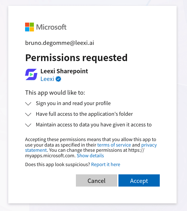 Demande d’autorisation Microsoft pour Leexi dans SharePoint, montrant les droits d’accès requis
