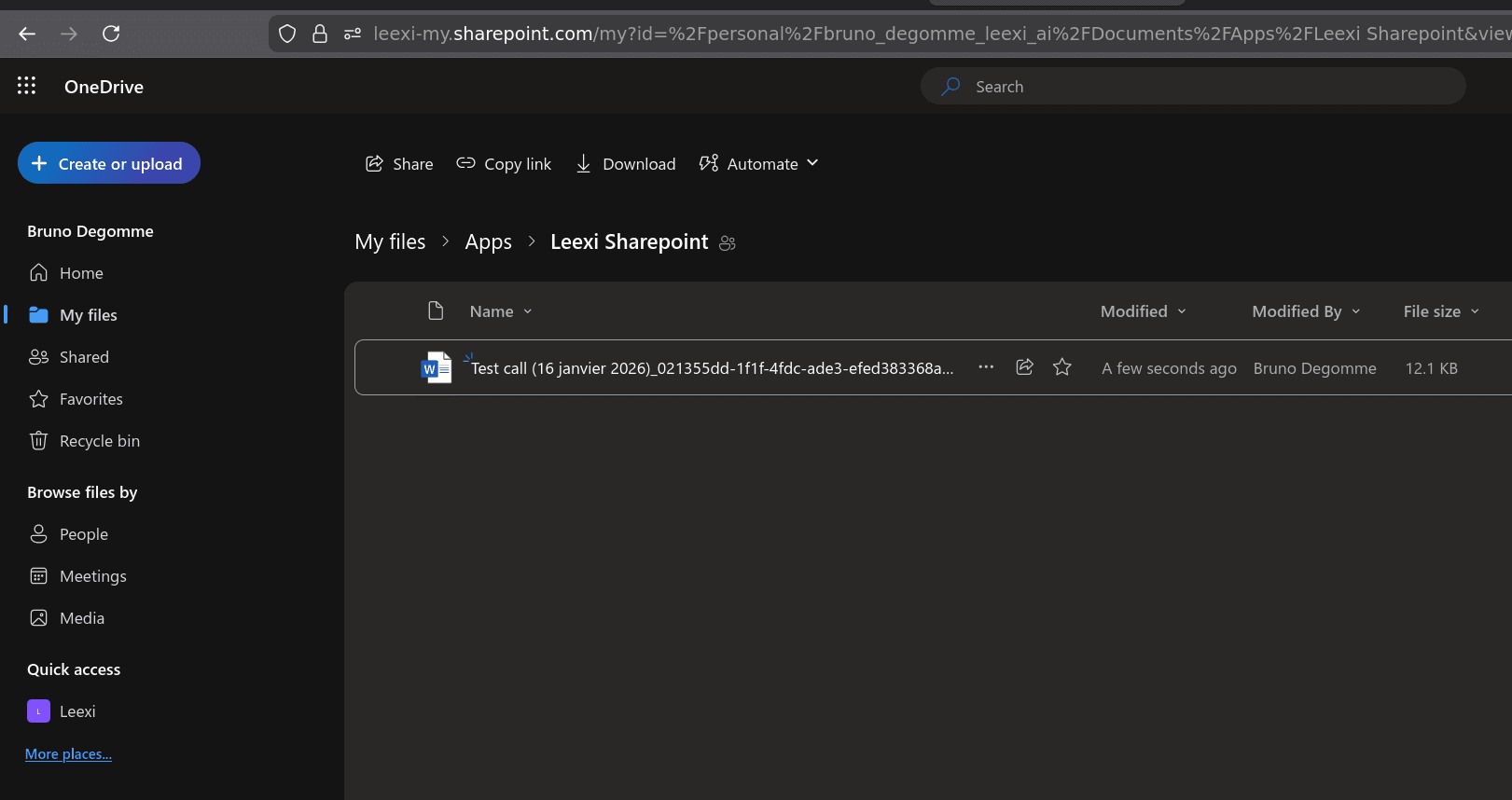 Interface OneDrive avec dossier Leexi Sharepoint