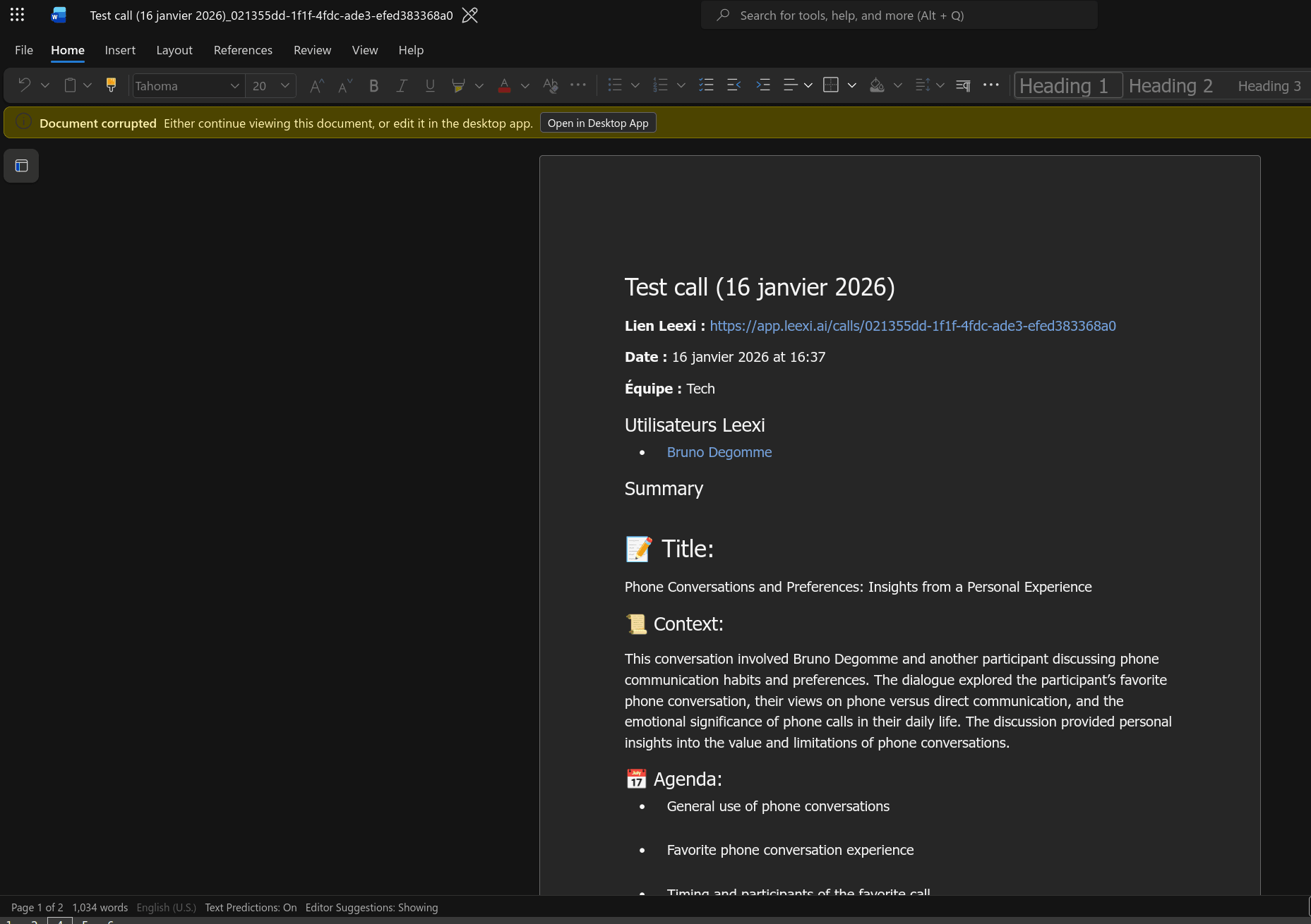 Fichier Test call contenant résumé, transcription et insights générés par Leexi