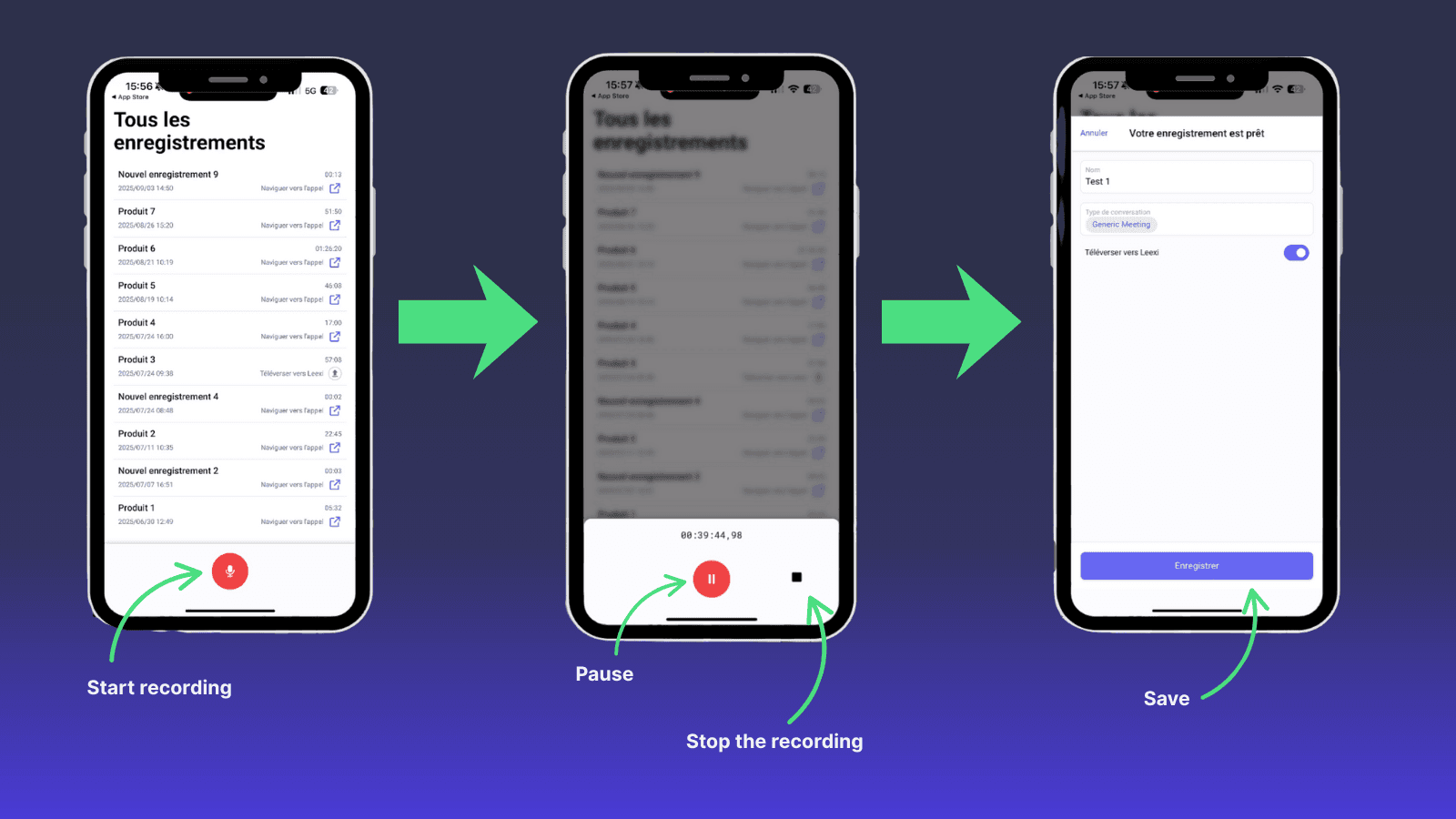 Phone screens demonstrate starting, pausing, stopping, and saving an audio recording.