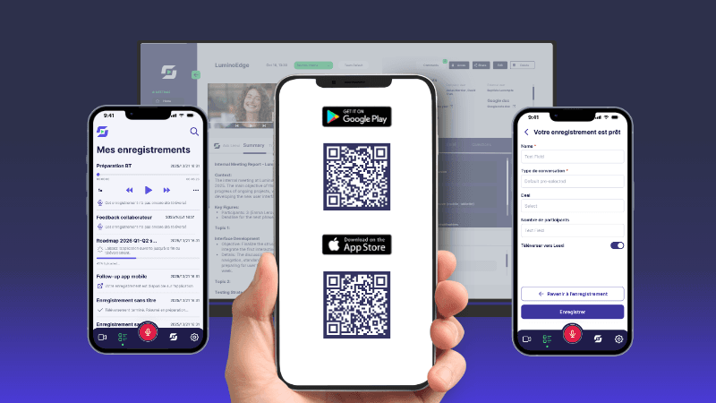 Three smartphones show mobile app interfaces; the center one displays app store QR codes.