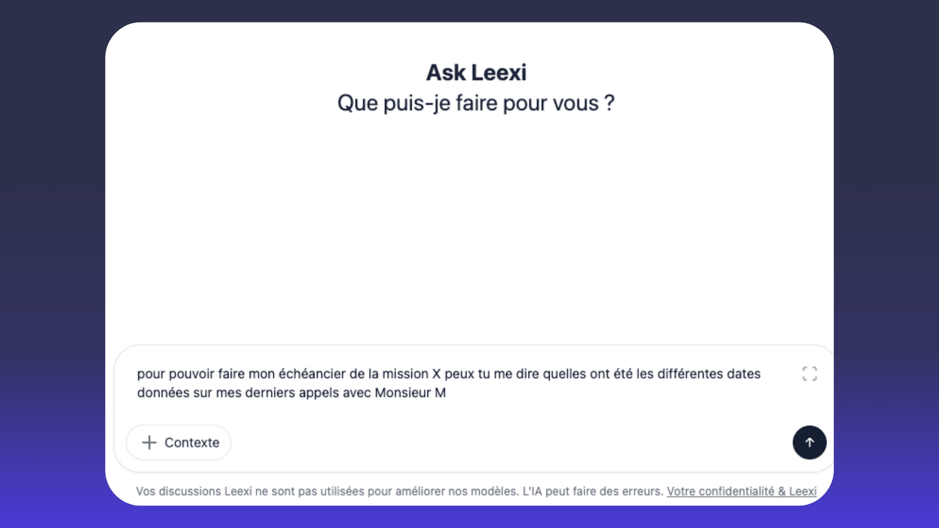 AI chatbot 'Ask Leexl' interface with a user query in French about call history.