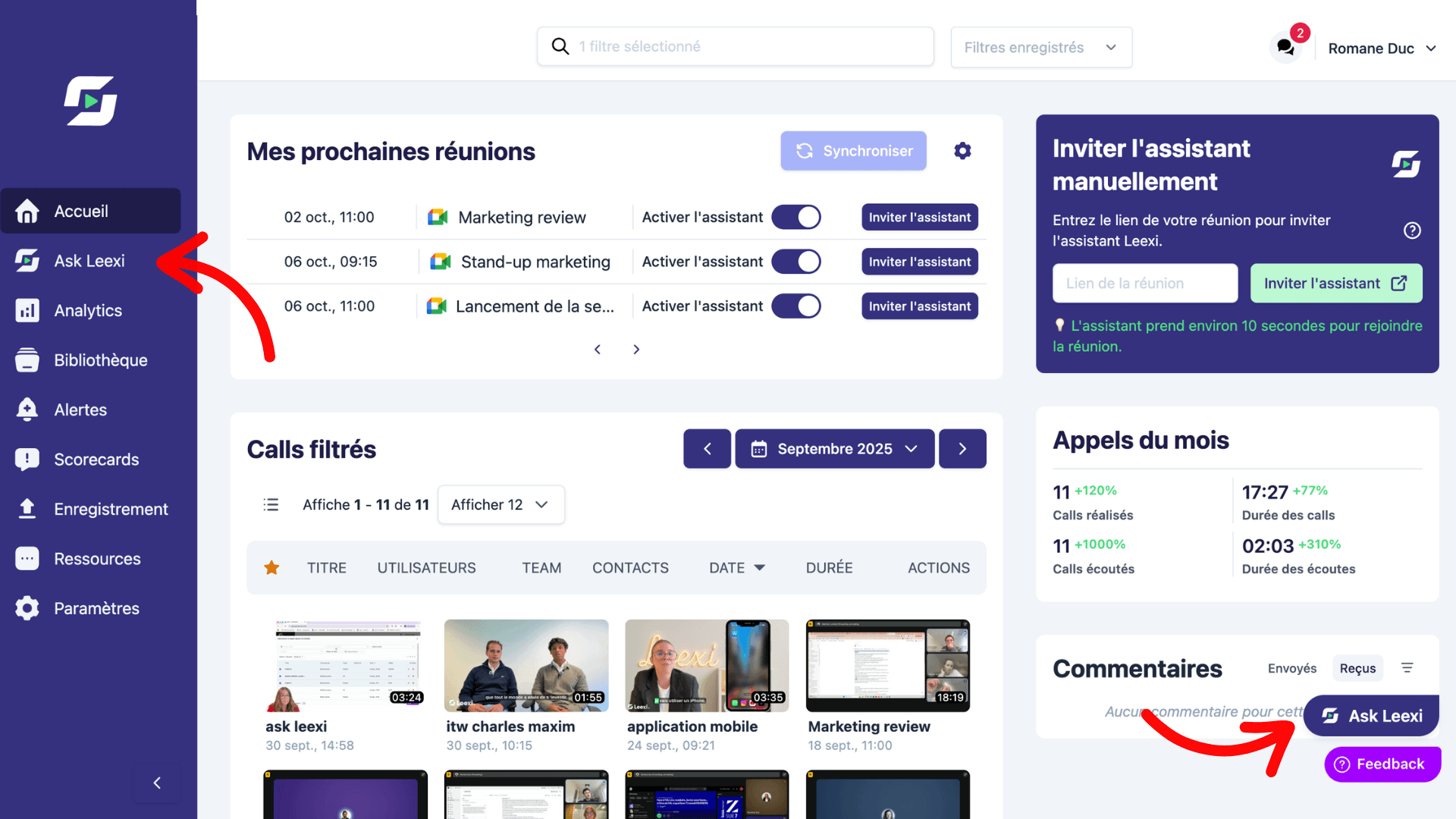 French-language dashboard for meetings and calls, showing navigation, scheduled events, and calls.