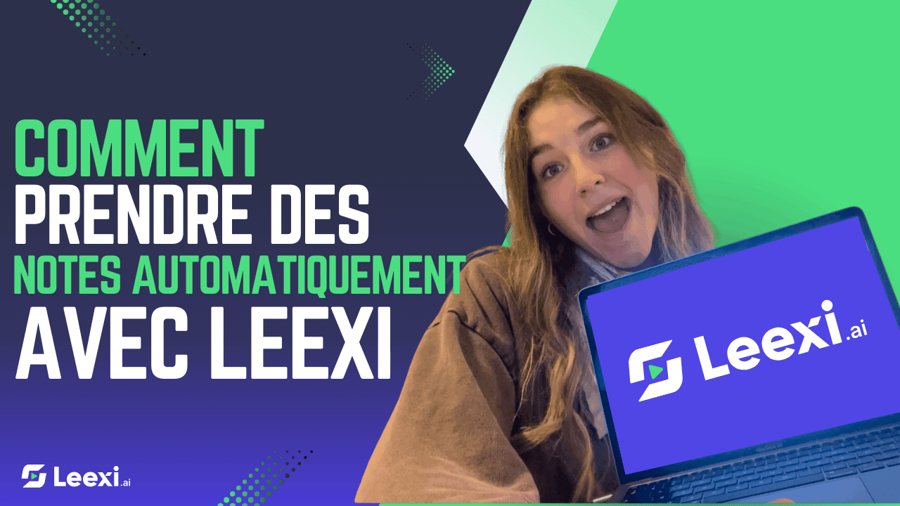 A woman enthusiastically presents a laptop featuring the Leexi.ai logo, demonstrating its automatic note-taking capabilities. Woman holding a laptop showing the Leexi.ai logo and text about automatic note-taking.