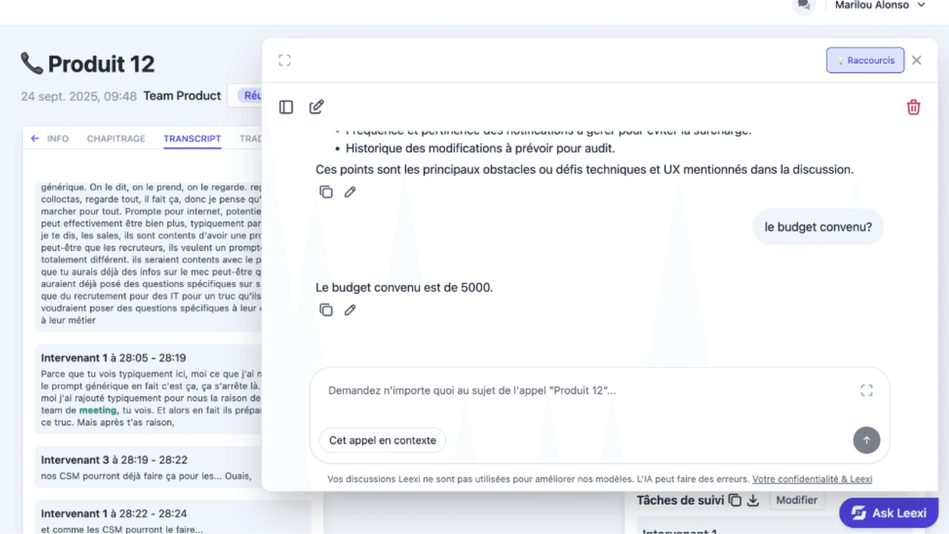 A screen displaying project management software with chat discussions about "Product 12" and budget.