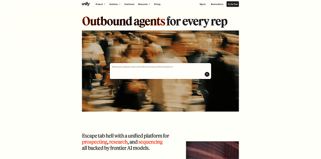A website screenshot with the headline 'Outbound agents for every rep' over a blurry crowd.