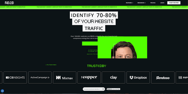 Website screenshot showing 'IDENTIFY 70-80% OF YOUR WEBSITE TRAFFIC' and trusted company logos.