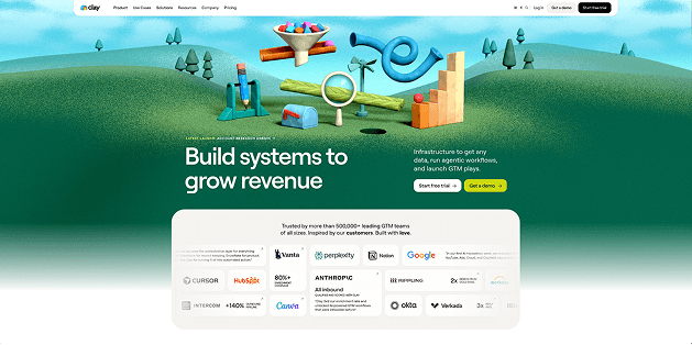 Axiom website homepage illustrating 'Build systems to grow revenue' with 3D data flow tools.