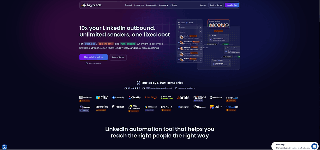 Landing page for a LinkedIn automation tool displaying features, pricing, and partnering company logos.