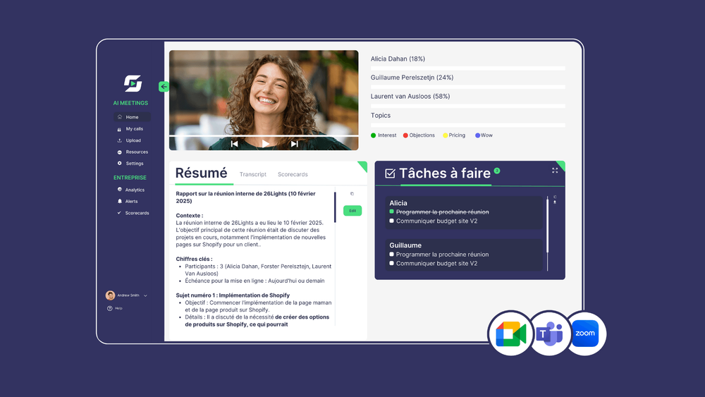 ## Les assistants IA Leexi

Les assistants IA de Leexi accompagnent les équipes avant, pendant et après les réunions afin d’optimiser chaque étape des échanges professionnels.

Ils couvrent l’ensemble du cycle de vie des réunions : préparation, assistance en temps réel et exploitation des informations après l’échange.

Ces assistants se déclinent en plusieurs fonctionnalités complémentaires :

- [**Prise de notes IA**](https://www.leexi.ai/fr/assistant-ia/prise-de-notes-ia/) : enregistrement, transcription et génération automatique de résumés de vos réunions et échanges
- [**Tâches IA**](https://www.leexi.ai/fr/assistant-ia/taches/) : identification et suivi des actions à partir des discussions
- [**Ask Leexi**](https://www.leexi.ai/fr/assistant-ia/ask-leexi/) : assistant conversationnel permettant d’interroger ses données et retrouver rapidement des informations
- [**Application mobile**](https://www.leexi.ai/fr/assistant-ia/app-mobile/) : enregistrements et exploitation de vos réunions en présentiel.
- **Briefing IA** : préparation automatisée des rendez-vous avec les éléments clés
- **Rapport IA** : génération automatisée de rapports et d’analyses à partir des conversations
- [**Intelligence conversationnelle**](https://www.leexi.ai/fr/assistant-ia/intelligence-conversationnelle/) : analyse des échanges pour améliorer les performances commerciales
- **Calendrier IA** : organisation optimisée des rendez-vous

Chaque fonctionnalité répond à un besoin précis, tout en s’intégrant dans un ensemble cohérent.